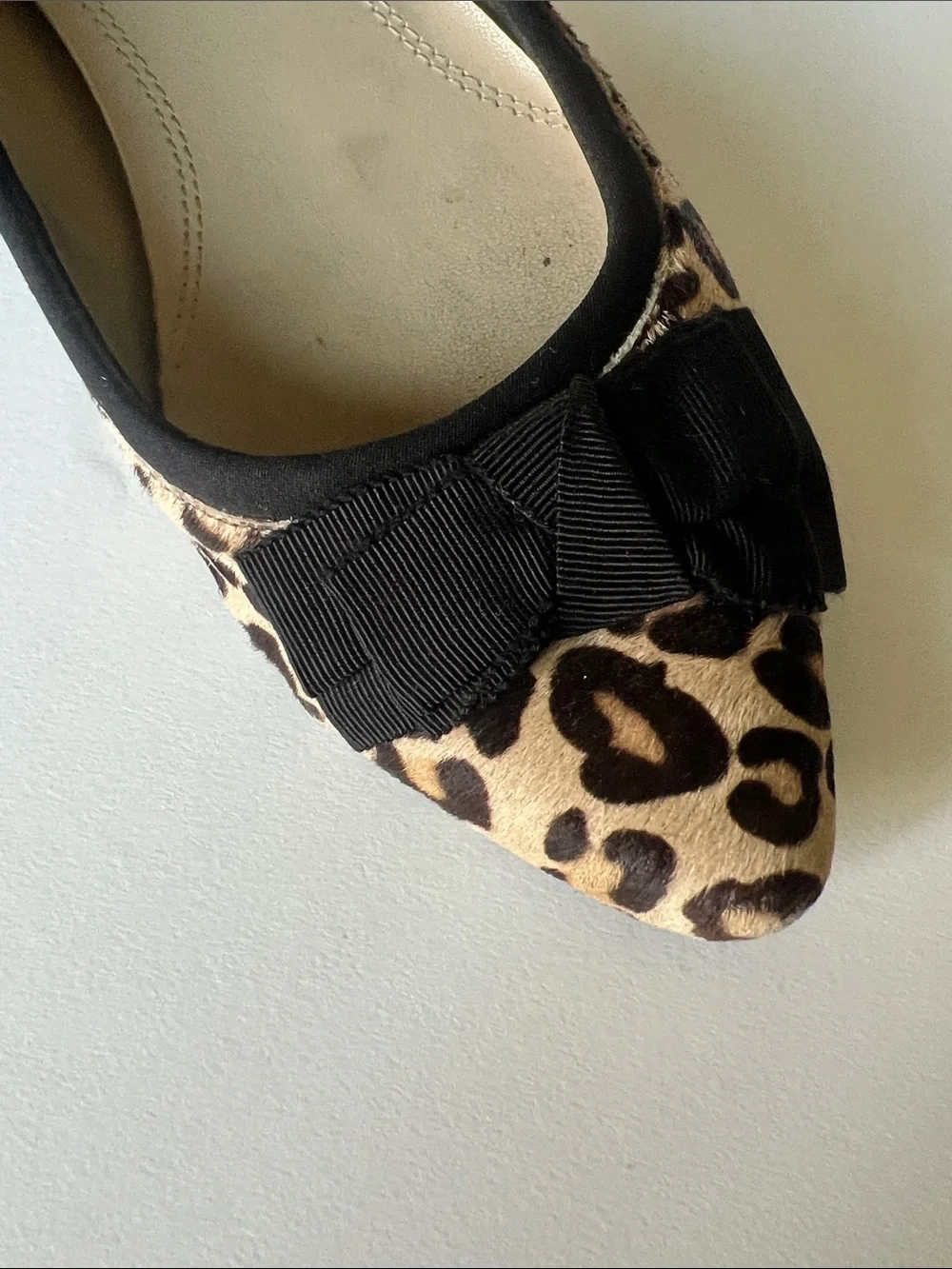 Ellen Tracy Leopard-Print Pointed-Toe Flats with Black Bow